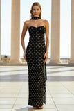 Strapless Sheath Maxi Black White Polka Dot Dress With Streamer