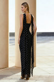 Strapless Sheath Maxi Black White Polka Dot Dress With Streamer