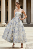 Dusty Blue Strapless A-Line Jacquard Floral Dress