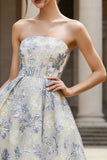 Dusty Blue Strapless A-Line Jacquard Floral Dress