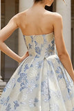 Dusty Blue Strapless A-Line Jacquard Floral Dress
