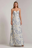 Dusty Blue Floral A-Line Spaghetti Straps Wedding Guest Dress