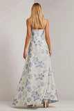 Dusty Blue Floral A-Line Spaghetti Straps Wedding Guest Dress