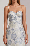 Dusty Blue Floral A-Line Spaghetti Straps Wedding Guest Dress