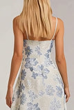 Dusty Blue Floral A-Line Spaghetti Straps Wedding Guest Dress