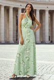 Green Floral Halter A-Line Backless Maxi Dress