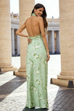 Green Floral Halter A-Line Backless Maxi Dress