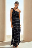 One Shoulder Black and White Sheath Maxi Polka Dot Dress