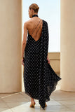 One Shoulder Black and White Sheath Maxi Polka Dot Dress