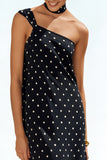 One Shoulder Black and White Sheath Maxi Polka Dot Dress