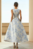 Dusty Blue A-Line Floral Wedding Guest Dress With Pockets