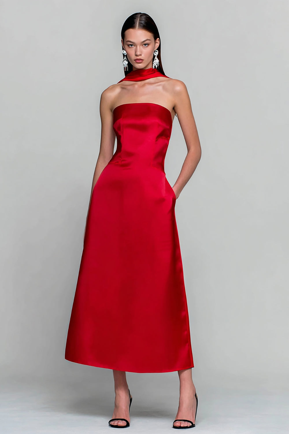 satin semi formal dresses Berylove Women Red Strapless Wedding Guest Dress With Pockets A-Line Satin Semi-Formal Dress With Streamer, Red / US8