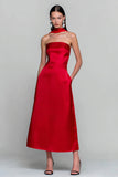 Red Strapless A-Line Satin Wedding Guest Dress With Pockets