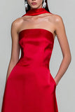 Red Strapless A-Line Satin Wedding Guest Dress With Pockets
