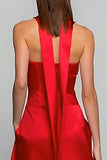 Red Strapless A-Line Satin Wedding Guest Dress With Pockets