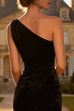 One Shoulder Black Velvet Mermaid Midi Cocktail Dress