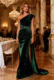 Dark Green Velvet One Shoulder Mermaid Maxi Evening Dress With Cape