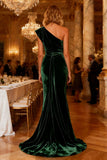 Dark Green Velvet One Shoulder Mermaid Maxi Evening Dress With Cape