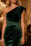 Dark Green Velvet One Shoulder Mermaid Maxi Evening Dress With Cape