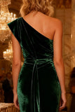 Dark Green Velvet One Shoulder Mermaid Maxi Evening Dress With Cape