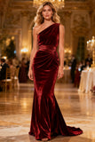 Burgundy One Shoulder Velvet Maxi Holiday Dress