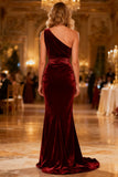 Burgundy One Shoulder Velvet Maxi Holiday Dress