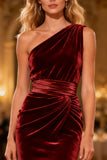 Burgundy One Shoulder Velvet Maxi Holiday Dress