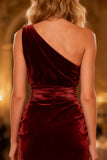 Burgundy One Shoulder Velvet Maxi Holiday Dress