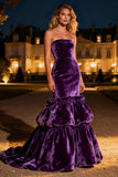 Strapless Purple Velvet Mermaid Ruffled Maxi Holiday Party Dress