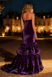 Strapless Purple Velvet Mermaid Ruffled Maxi Holiday Party Dress