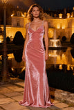 Pink Velvet Spaghetti Straps Maxi Holiday Party Dress With Pearls