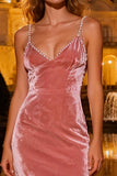 Pink Velvet Spaghetti Straps Maxi Holiday Party Dress With Pearls
