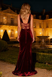 Burgundy Velvet Mermaid Maxi Holiday Dress With Lace Up Back