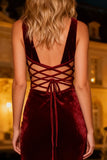 Burgundy Velvet Mermaid Maxi Holiday Dress With Lace Up Back