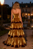 Brown Velvet Strapless A Line Tiered Ruffle Maxi Holiday Party Dress