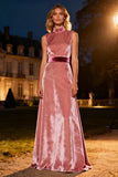 Pink High Neck Velvet Long Formal Dress
