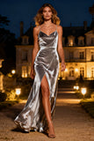 Silver Velvet Spaghetti Straps Maxi Holiday Dress With Slit