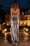 Silver Velvet Spaghetti Straps Maxi Holiday Dress With Slit