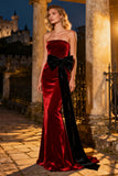 Strapless Burgundy Velvet Mermaid Maxi Holiday Dress With Bow
