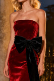 Strapless Burgundy Velvet Mermaid Maxi Holiday Dress With Bow