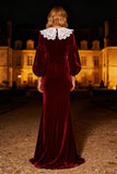 Burgundy Mermaid Long Sleeve Velvet Holiday Party Dress with Lace