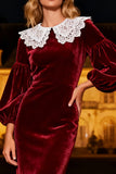Burgundy Mermaid Long Sleeve Velvet Holiday Party Dress with Lace