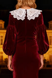 Burgundy Mermaid Long Sleeve Velvet Holiday Party Dress with Lace