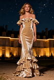 Off The Shoulder Champagne Mermaid Maxi Holiday Dress With Ruffles