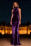 Halter Purple Velvet Maxi Holiday Dress with Lace Up Back