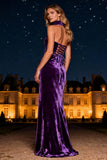 Halter Purple Velvet Maxi Holiday Dress with Lace Up Back