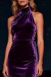 Halter Purple Velvet Maxi Holiday Dress with Lace Up Back