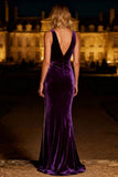 Purple Mermaid Velvet Ruched Maxi Holiday Dress With Beading