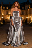 Silver Strapless Mermaid Velvet Maxi Formal Dress With Cape
