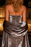 Silver Strapless Mermaid Velvet Maxi Formal Dress With Cape